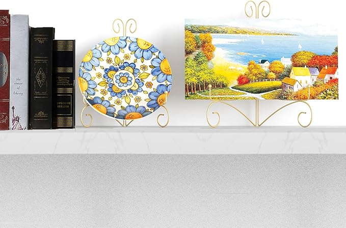 SVENJBB Gold Iron Plate Stand, 12 Inch Plate Holder for Display, Small Metal Plate Display Stands for Cookbook, Picture Frame, Photo, Decorative Plates (12 Inch, 2 Pack)