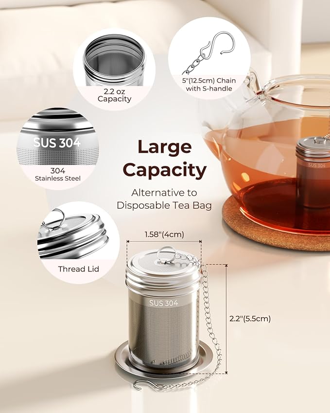2 Pack Reinmoson Tea Strainers for Loose Tea, 1.58” x 2.2” Extra Fine Mesh Tea Infuser, 304 Stainless Steel & Threaded Lid, Loose Leaf Tea Steeper for Black Tea, Rooibos, etc