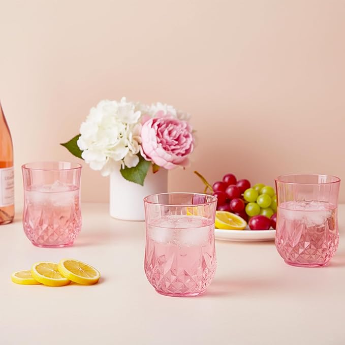 40 Pack Plastic Stemless Wine Glasses,12oz Unbreakable Vintage Elegant Drinking Glass Set,Reusable Fancy Cocktail Cups for Party, Wedding, and Bulk Events (40, 12oz-Pink)
