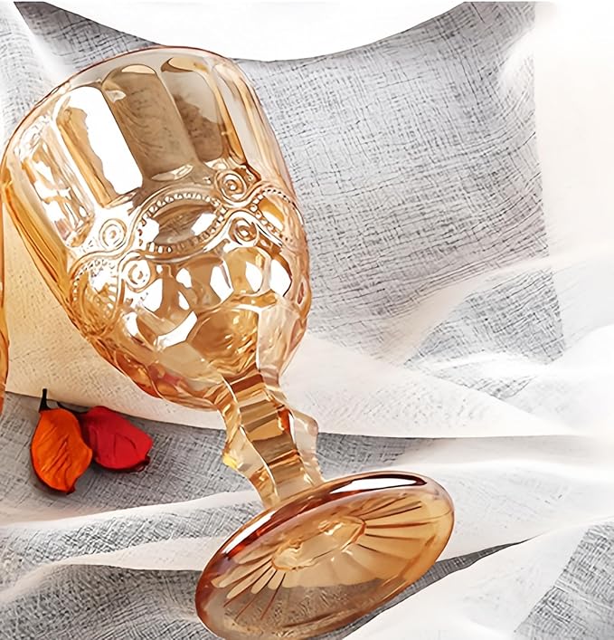 12 Pcs Vintage Wine Glasses, 10 Ounces Colored Glass Water Goblets, Unique Embossed Pattern High Clear Stemmed Glassware Wedding Party Bar Glass Drinking Cups, Floral Amber Glasses Set of 12