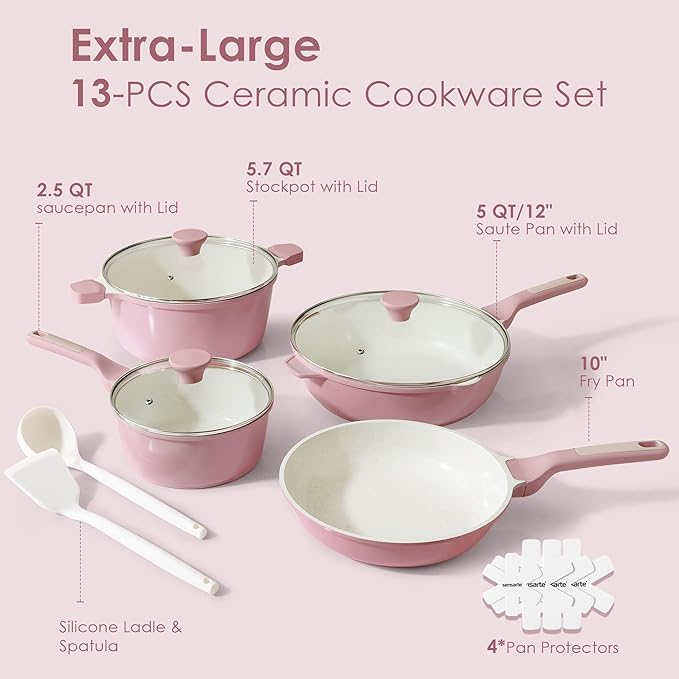 SENSARTE Nonstick Ceramic Cookware Set Large 13-Piece, Healthy Pots and Pans Set Dishwasher Safe, Non-toxic Kitchen Cooking Set with Stay-Cool Handles, Induction Compatible, PFAS Free, Pink