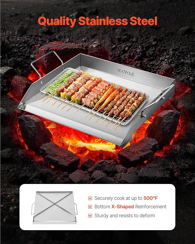 VEVOR Stainless Steel Griddle, 18x16 inch Universal Flat Top Rectangular Plate, Gas Grill Griddle for BBQ Grill, Teppanyaki, Portable Family Cookware with Handle, for Camping Tailgating Party