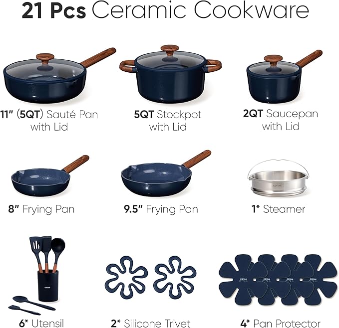 CAROTE 21pcs Cookware Set Nonstick Pots and Pans Set, Ceramic Cookware Set Induction Cookware, Non toxic Healthy Non Stick Kitchen Cooking Set, PFAS PTFE Free, Blue