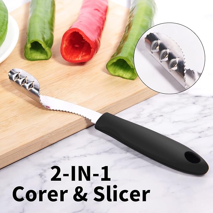 Jalapeno Pepper Corer & Zucchini/Cucumber Corer, Set of 2, Newness Stainless Steel Core Deseeder Kitchen Tool with Serrated Slice and Rubber Handle, Easy for Seed Remover or Slice off Vegetables tops
