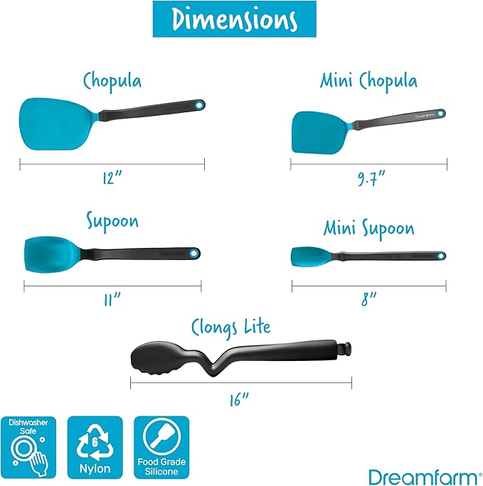 Dreamfarm Cooking Utensil Set (Dreamfarm Blue) – Tongs with Lock, Measuring Scraper Spoon, Jar Scraper, Multipurpose Spatula, Mini Turner – Non‑Stick Safe Nylon & Silicone Tools for Cooking & Baking