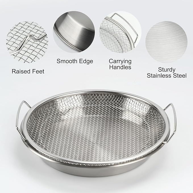 Oil Filter Tray, Stainless Steel Mesh Drain Basket Colanders Air Fryer Accessories for Fried Food Draining Rack Barbecue Grill Tray Net Draining Pan Strainer for Vegetable Dessert (9.5 Inch)