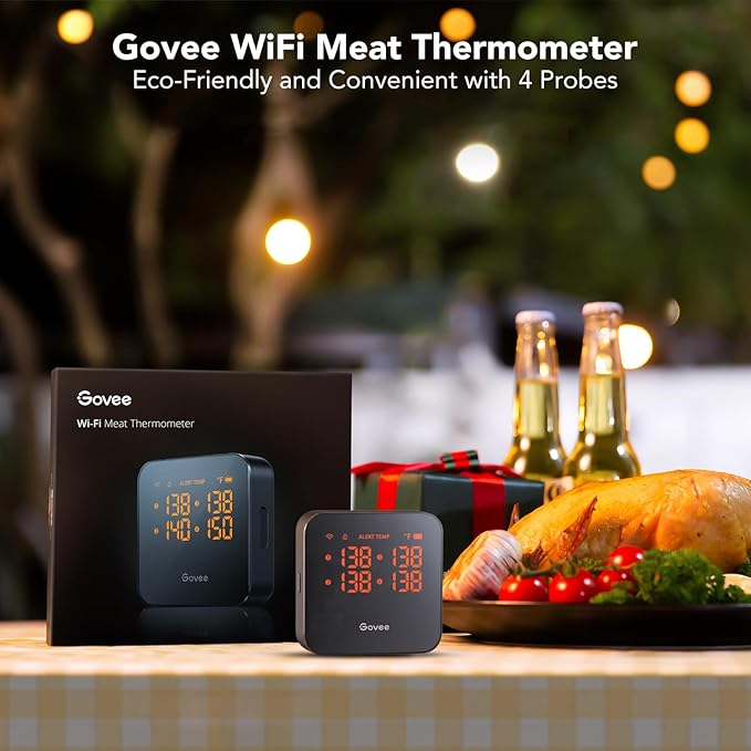 Govee WiFi Meat Thermometer with 4 Probe, Smart Wireless Meat Thermometer with Unlimited Range App Notification Alert, Digital Rechargeable Bluetooth Food Thermometer for Smoker BBQ Grill Oven Kitchen