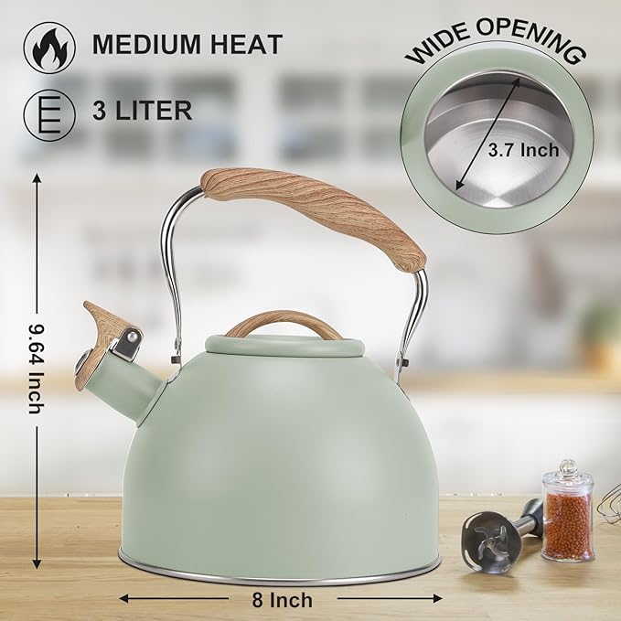 Tea Kettle, Vegoran 100 OZ / 3 Liter Whistling Tea Kettle, Tea Pots for Stove Top Food Grade Stainless Steel with Wood Pattern Folding Handle, Loud Whistle Kettle for Tea, Coffee, Milk (Green)