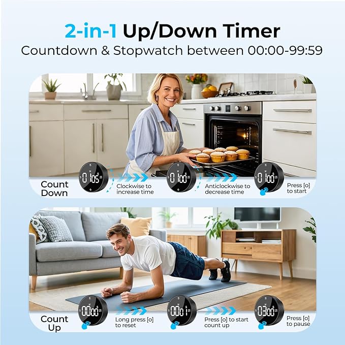 Digital Kitchen Timer, Large Display Magnetic Countdown Countup Timer, 3 Preset Times (5, 15, 25),Volume & Brightness Adjustable for Cooking Classroom Studying, Easy for Kids(Gunmetal 1PCS)