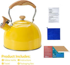 Tea Kettle,Whistling Tea Kettle Stovetop 2.6 Quart, Tea Pots for Stove Top Food Grade Stainless Steel,Wood Pattern Handle(Yellow),With Anti Scald Towel