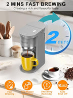 Small Single Serve Coffee Maker, Fast Brew for K-Cup & Ground Coffee, 6-12 Oz Brew Sizes, One-Button Single Cup Coffee Maker, Coffee Machine with Descaling Reminder,Grey, 9.45 Inches