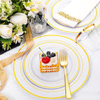I00000 60 Pieces Gold Plastic Plates, Heavy Duty White and Gold Plastic Plates for 30 Guests Include: 30 Gold Rim Dinner Plates and 30 Gold Dessert Plates Perfect for Wedding, Party & Mother's Day