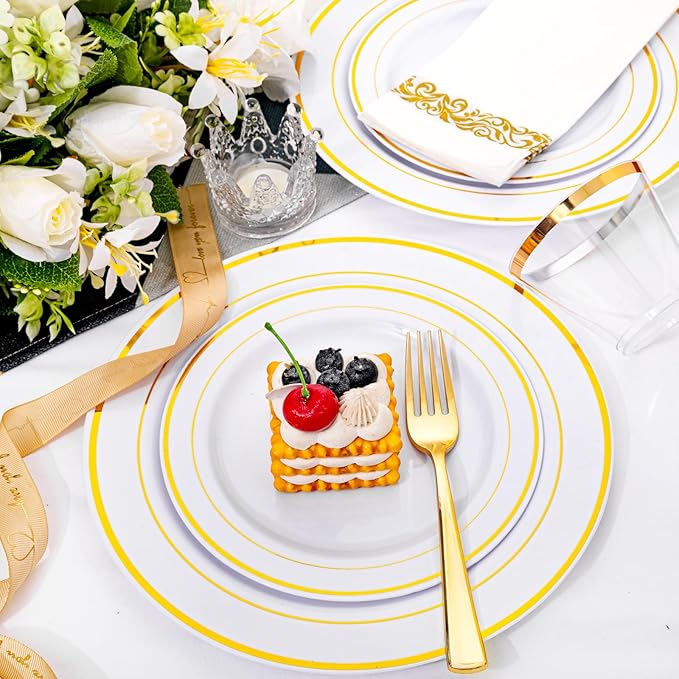 I00000 60 Pieces Gold Plastic Plates, Heavy Duty White and Gold Plastic Plates for 30 Guests Include: 30 Gold Rim Dinner Plates and 30 Gold Dessert Plates Perfect for Wedding, Party & Mother's Day