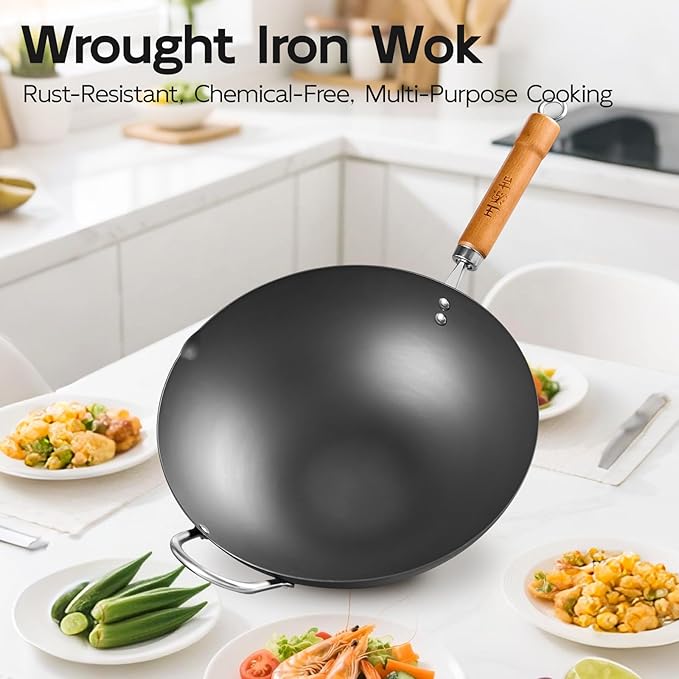 WANGYUANJI 13.4" Flat-Bottom Iron Wok with Glass Lid, Uncoated Stir-Fry Pan, Fast-Heating Refined Iron, Induction/Gas/Electric Compatible, Wooden Handle & Helper Ring (Seasoning Required)