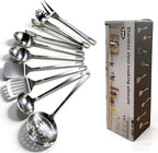 9 Pcs Cooking Utensils Set, Stainless Steel Kitchen Utensils, Heat Resistant Metal Kitchen Tools Include Solid & Slotted Turner Wok Spatula, Serving Spoon, Ladle, Pasta Server, Meat Fork, Tongs Silver