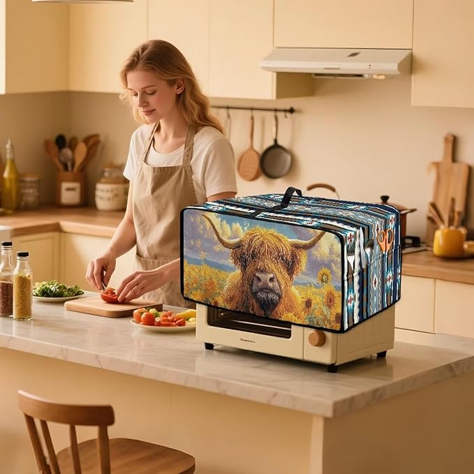 Highland Cattle Sunflower Print Toaster Cover Air Fryer Dust Cover Anti Fingerprint Aztec Toaster Oven Cover Washable Kitchen Small Appliance Covers (Small-14.5 * 18.46 * 9 inches)