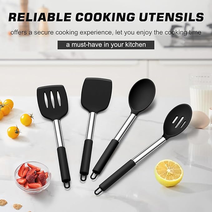TeamFar Kitchen Utensils, 4 PCS Silicone Cooking Utensils Spatula Spoon Set with Stainless Steel Handle, for Frying Mixing Draining Turning, Healthy & Heat-proof, Non-stick & Dishwasher Safe - Black