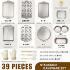 39 Pcs Nonstick Baking Pans Set Stackable Bakeware Set with Silicone Handles, 450°f Oven Safe Easy Release Baking Sheet Sets Cookie Sheets Sets for Cooking
