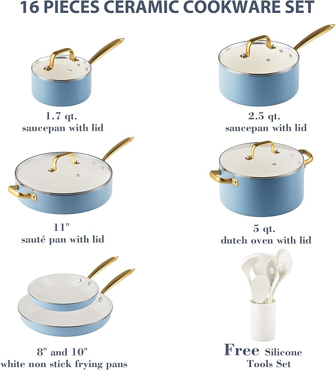 Ceramic Cookware Set, VONIKI 16 Pcs Pots and Pans Set Non Stick, Kitchen Cookware Sets with Cooking Utensils Set, Non Toxic Cookware Set White Gold Pan Set for Cooking Pot Oven & Dishwasher Safe, Gift