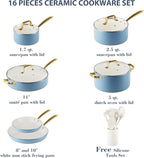 Ceramic Cookware Set, VONIKI 16 Pcs Pots and Pans Set Non Stick, Kitchen Cookware Sets with Cooking Utensils Set, Non Toxic Cookware Set White Gold Pan Set for Cooking Pot Oven & Dishwasher Safe, Gift