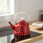 1.8 Quart Red Vintage Enamel Tea Kettle - Stovetop Safe Cute Retro Water Kettle, Enamel on Steel No Whistling Hot Water Pot for Home Kitchen Decor, Coffee & Tea Making