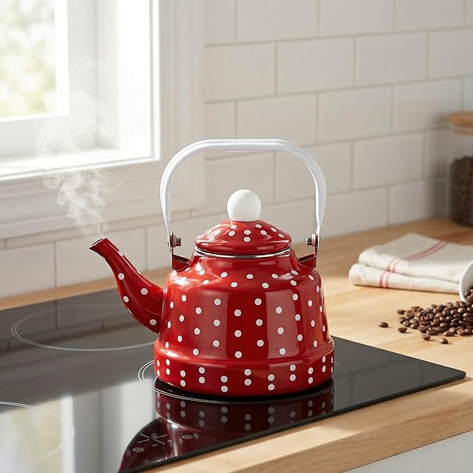 1.8 Quart Red Vintage Enamel Tea Kettle - Stovetop Safe Cute Retro Water Kettle, Enamel on Steel No Whistling Hot Water Pot for Home Kitchen Decor, Coffee & Tea Making