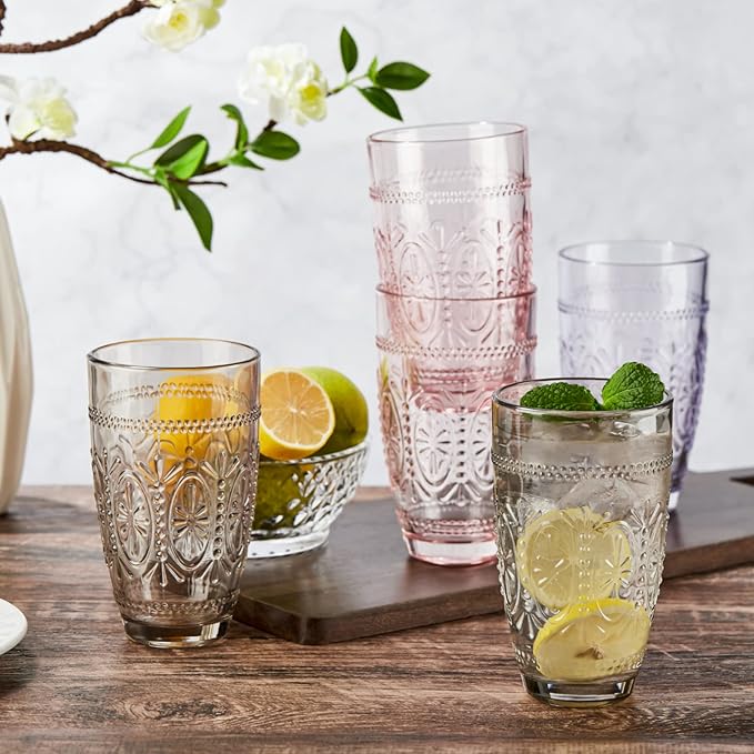 CREATIVELAND Colored Vintage Drinking Glasses Set of 4, 15.5 oz Romantic Embossed Water Glasses, Colored Tumblers Tempered Glass for Juice, Beverages, Beer, Cocktail (Gray)