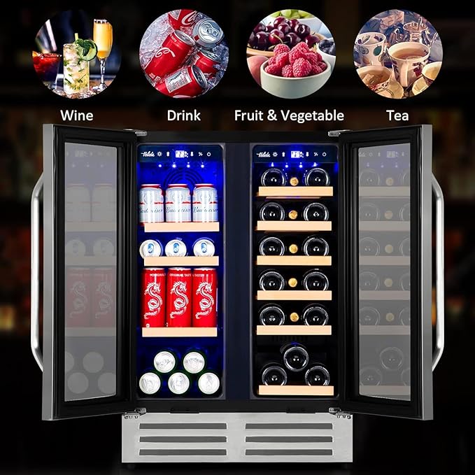 Wine and Beverage Refrigerator, 24 Inch Dual Zone Fridge with Glass Door, Built-In Cooler with Powerful and Quite Cool System/18 Bottles and 88 Cans Capacity Bverage Cooler
