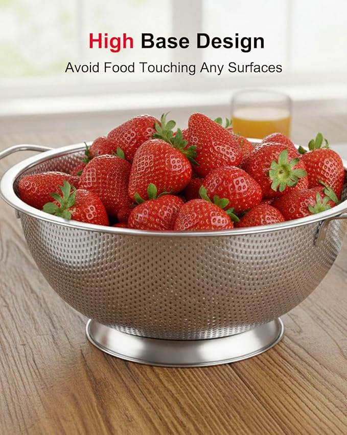 3-Quart Colander for Kitchen, Stainless Steel Colander with Base, Pasta Strainer with Handle, Food Strainer for Spaghetti, Vegetables, Fruit
