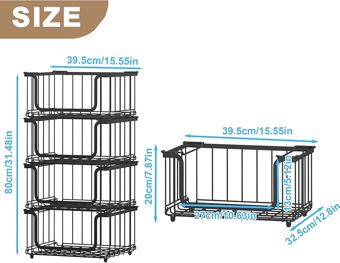 UMDONX 4 Pack Stackable Wire Baskets Storage Bins for Fruits, Vegetables, Potatoes & Onions | Pantry, Countertop, Laundry Organizer | Heavy Duty & Space Saving Black