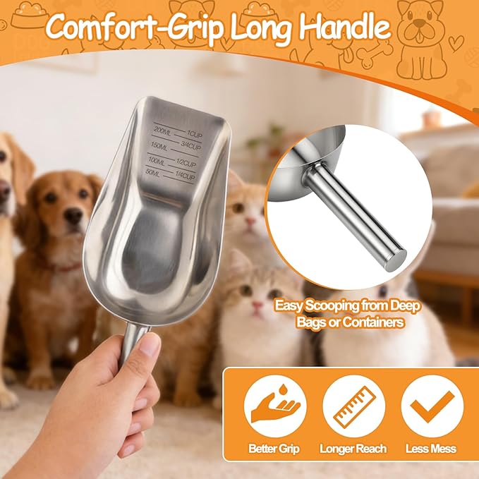 Palksky Dog & Cat Food Scoop, 1 Cup Stainless Steel Pet Food Measuring Cup with Long Handle, Precision Scale, Easy to Clean for Wet or Dry Food, 1 Pack