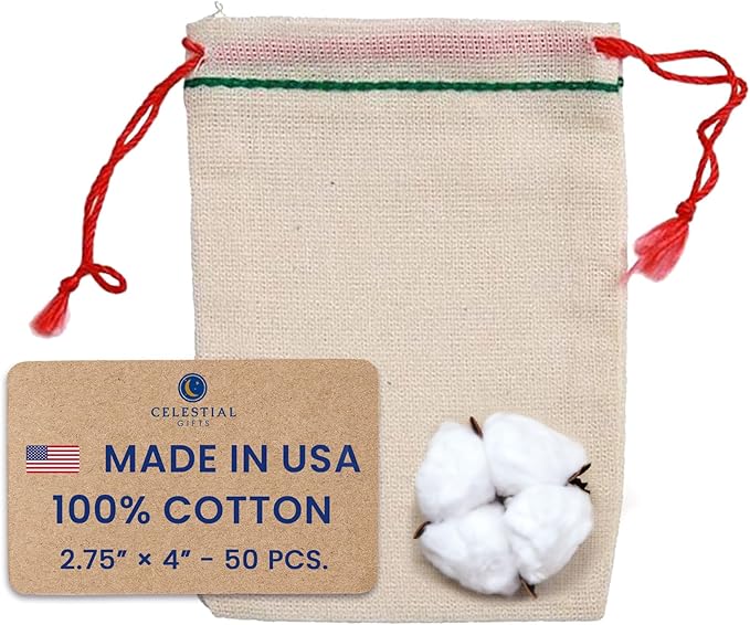 Celestial Gifts Muslin Bags - Drawstring Bags Small 50pcs - 2.75x4, Reusable Tea, Coffee, Jewelry, Gift, Spice Sachet Bag - 100% Cotton - Made in USA - (Green Hem & Red Drawstring)