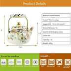 Floral Enamel Tea Kettle Bohemian Vintage Teapot Hot Water Coffee Kettle Pot 2.5L Porcelain Beige Colorful Rustic Tea Pot for Stovetop Hot Water Kitchen Decor