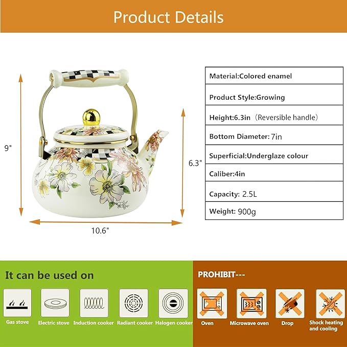 Floral Enamel Tea Kettle Bohemian Vintage Teapot Hot Water Coffee Kettle Pot 2.5L Porcelain Beige Colorful Rustic Tea Pot for Stovetop Hot Water Kitchen Decor