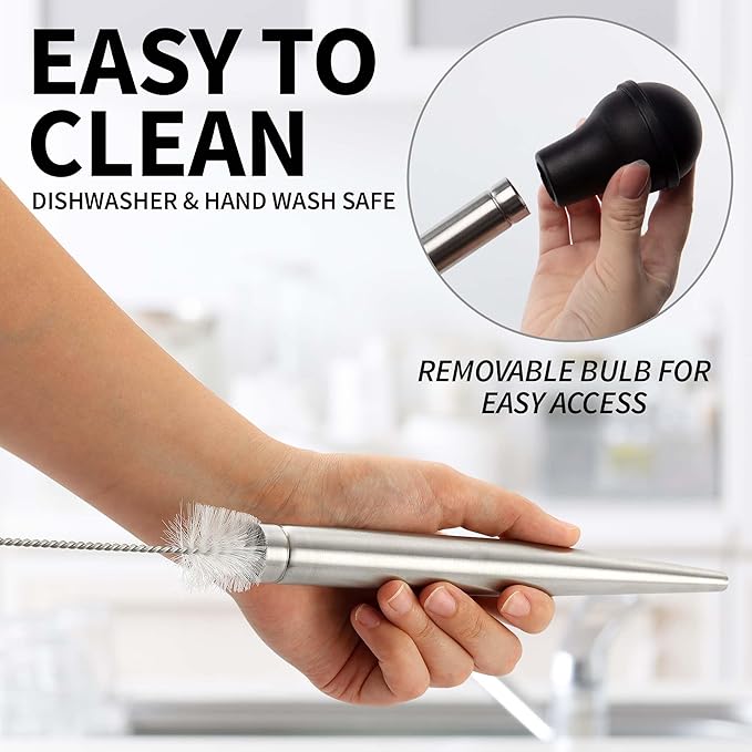 Zulay Kitchen Stainless Steel Turkey Baster for Cooking - Food Grade Metal Baster Syringe & Silicone Suction Bulb - Large Size With 2 Detachable Needles and Cleaning Brush