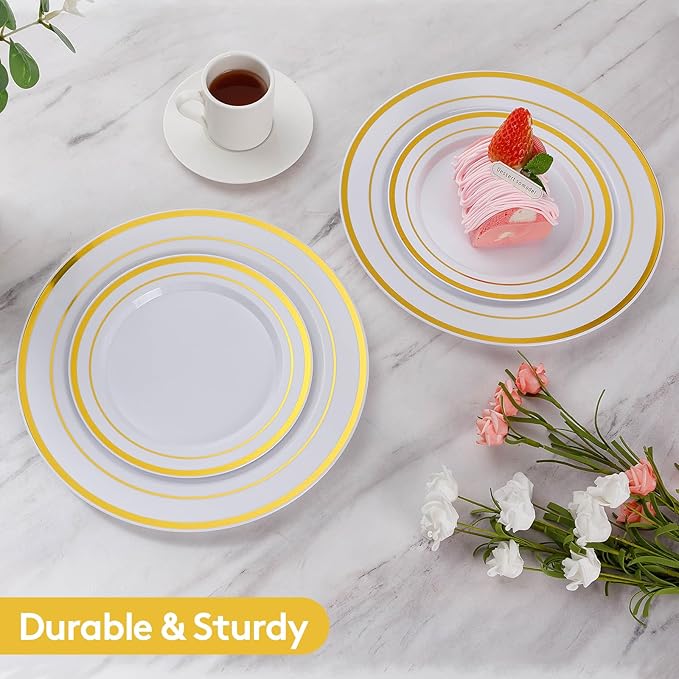 Goodluck 200PCS Gold Plastic Plates, Heavy Duty Disposable Gold Plates with 100 10.25 inch Dinner Plates and 100 7.5 inch Dessert Plates for Party, Holiday, Wedding, Thanksgiving