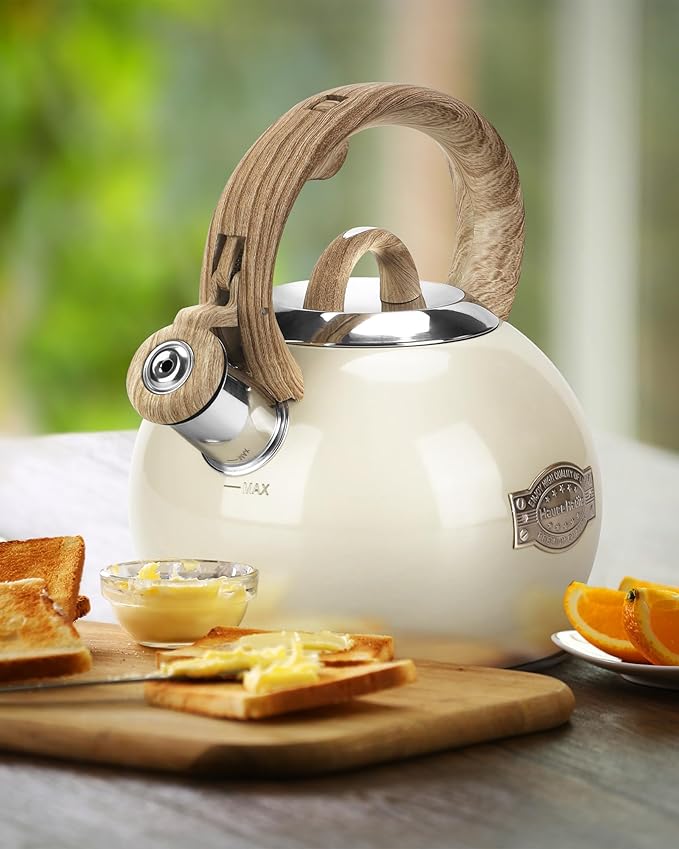 Hauce Radio Teapot for Stovetop, 2.1 Quart Stove Top Whistling Tea Kettle, Teapot Kettles with Food Grade Stainless Steel and Wood Pattern Folding Handle, Suitable for All Heat Sources