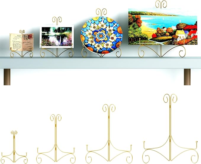 Plate Display Stands with Hinged Folding Design, 8 Inch Picture Frame Stand for Tables, Decorative Easels for Plates, Photos, Cards and Books, 8’’ Gold, 2-Pack
