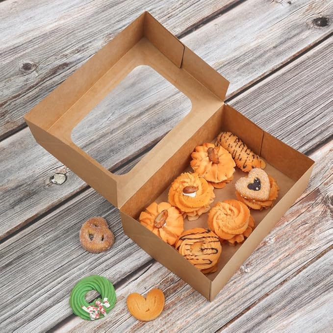 24 Pcs Cookie Boxes with Window for Paper Gift Giving Brown Bakery Gift Boxes 9 x 6.3 x 3 Inch, Easy Estate Holiday Packaging for Cookie, Cupcaked, Donuts & Pastries