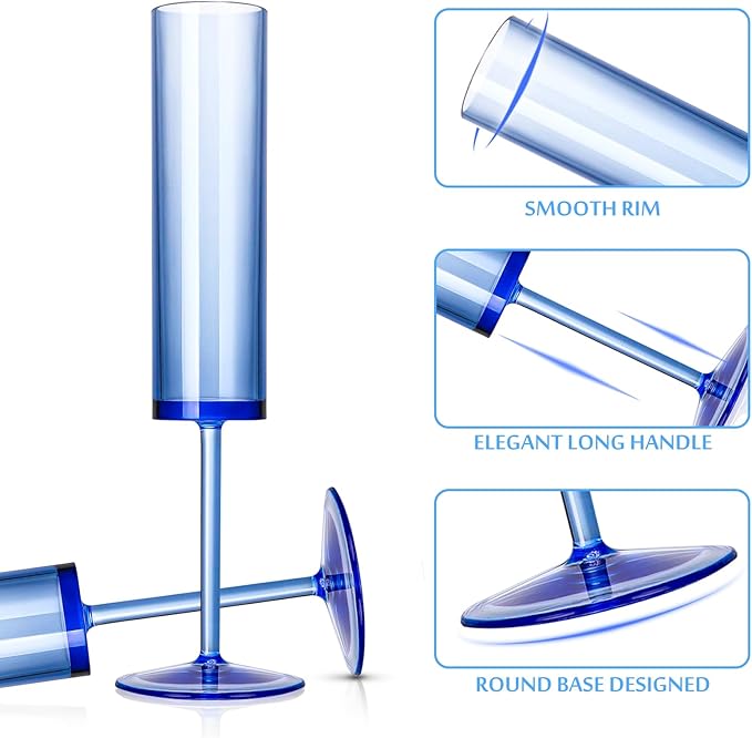 12 PCS Sapphire Blue Plastic Champagne Flutes 5.4 OZ Clear Acrylic Champagne Flutes Sparkling Wine Glasses Long Stem Crystal Champagne Glasses For Wedding Baby Shower Anniversary Party