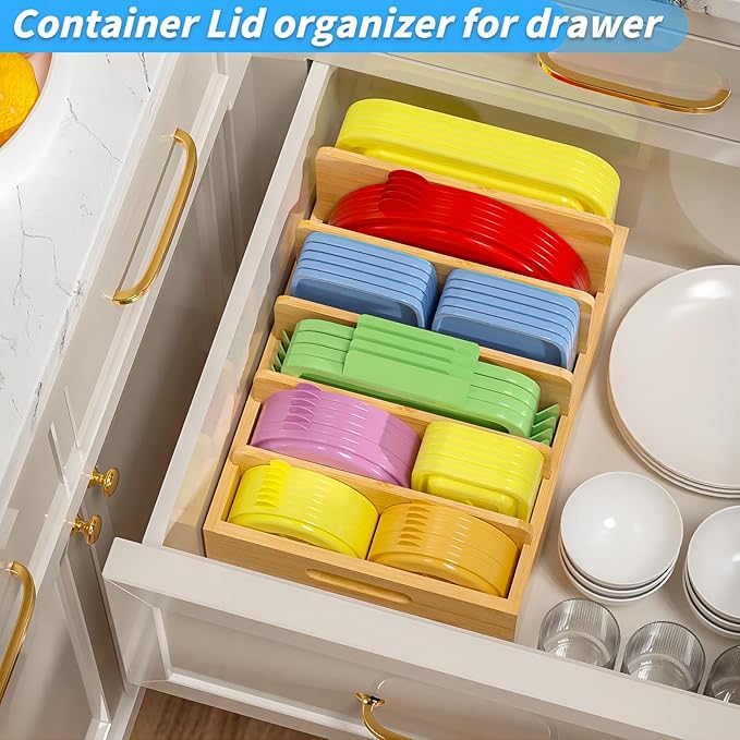 Bamboo Lid Organizers Inside Cabine, Kitchen Cabinet Organizer with 5 Adjustable Dividers, Food Container Plastic Holders for Drawer Pantry, Nature