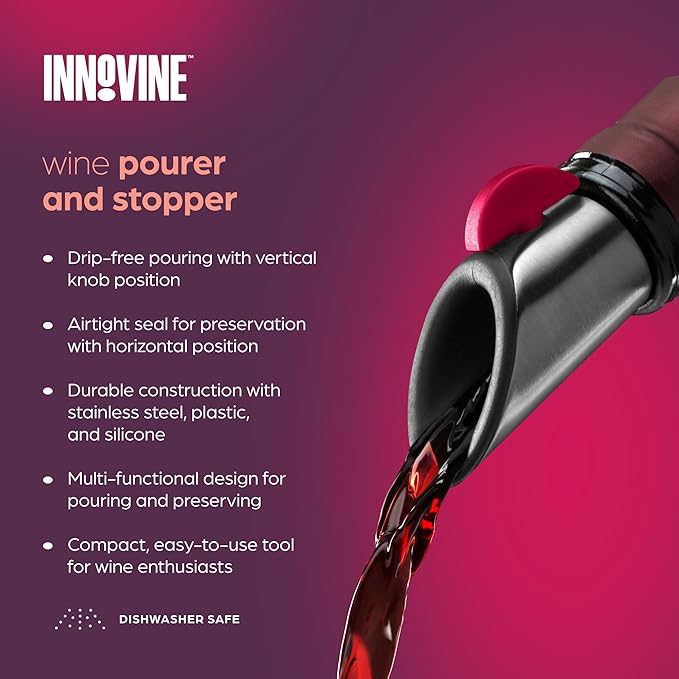 Innovine Wine Pourer and Stopper, Drip-Free Stainless Steel and Silicone Construction, Perfect for White and Red Wines, Home Bar Accessories, Kitchen Essentials, Set of 1, Raspberry