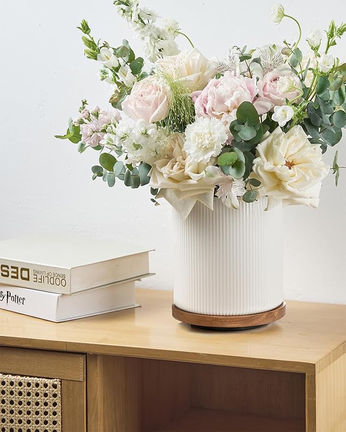 getstar Large Kitchen Utensil Holder for Kitchen Counter (H7.2” x W6.2”), Ceramic Cooking Utensil Holder with Cork Mat (White, Large(7.2") with Rotating Base)