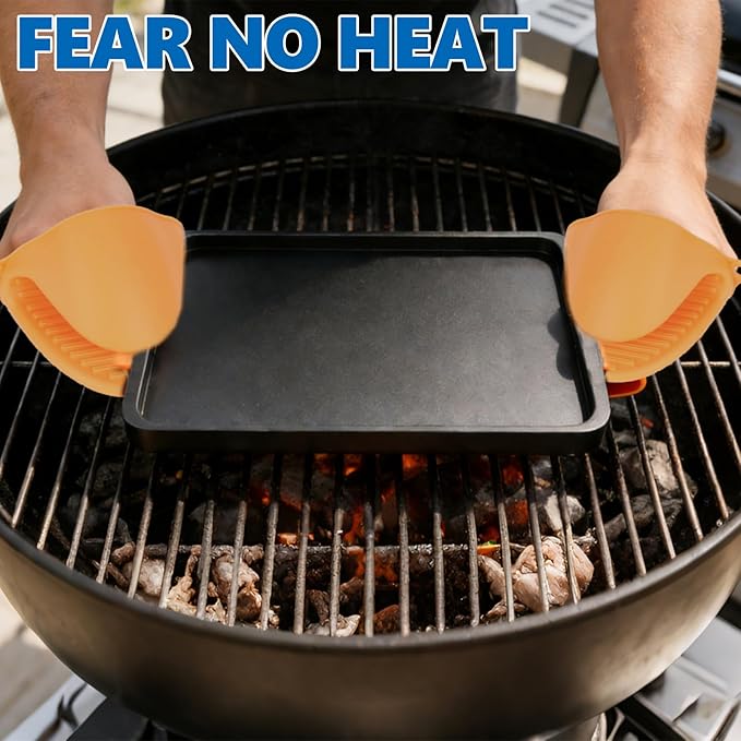 SafBbcue Upgraded 2-IN-1 Reversible Cast Iron Griddle, 17.5 x 10.8 Inch Griddle Pan with Silicone Cooling Handle, Griddle for Gas Stove, Electric, Flat Top, Portable for Stovetop or Outdoor Camping