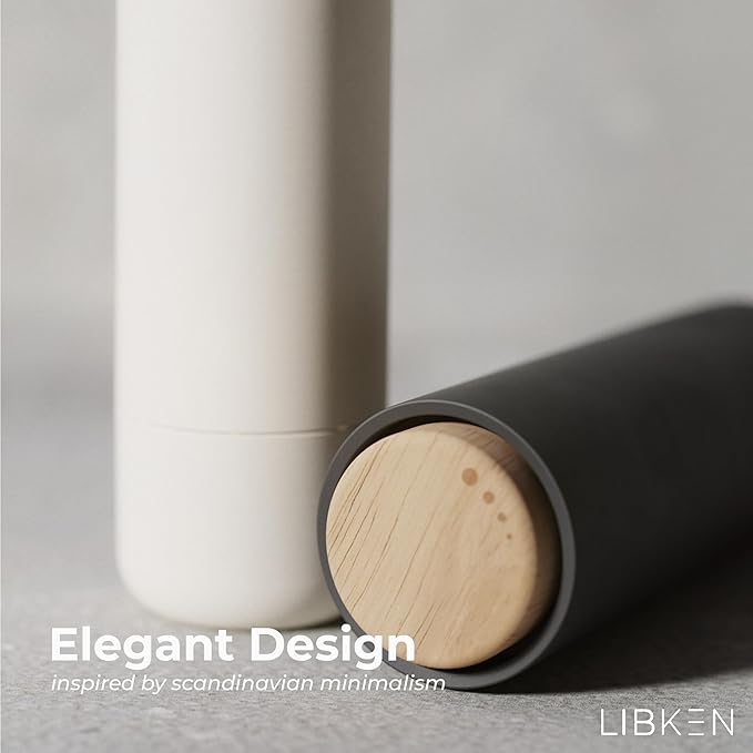 LIBKEN Non-Spill Salt and Pepper Grinder Set - Adjustable Ceramic Grinder - Minimalistic Spice Mill - Easy to Refill Condiments Dispenser - Wood & Soft-Coated Plastic - 6.2 x 2.2 inch (White & Grey)
