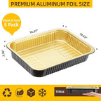 Aluminum Foil Pans, Extra Heavy Duty Disposable Aluminum Baking Pans, 14.57"×10.63" Steam Table Pans for Cooking, Heating, Storing, Prepping Roasting and Chafing (5 Pack Black and Gold)