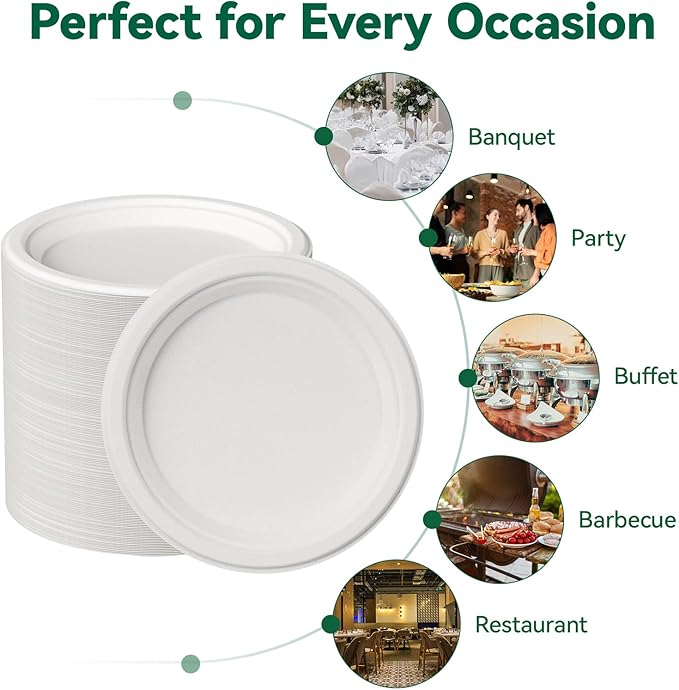 JOLLY CHEF 100% Compostable Paper Plates, 150 Pack 10 Inch Heavy Duty Plates, Disposable Biodegradable Eco-Friendly Sugarcane, Bulk White