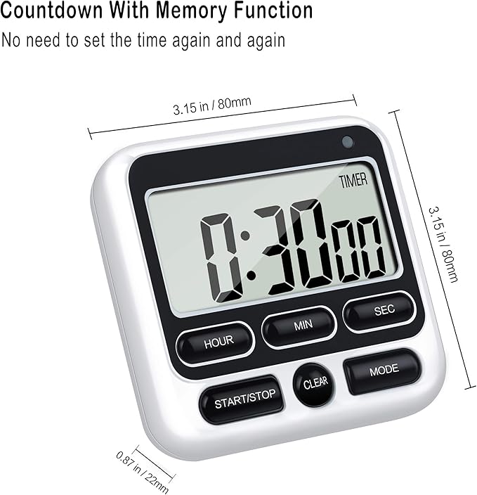 KTKUDY Digital Kitchen Timer with Mute/Loud Alarm Switch ON/Off Switch, 12-Hour Clock & Alarm, Memory Function Count Up & Count Down for Kids Teachers Cooking, Large LCD Display, Strong Magnet (Black)
