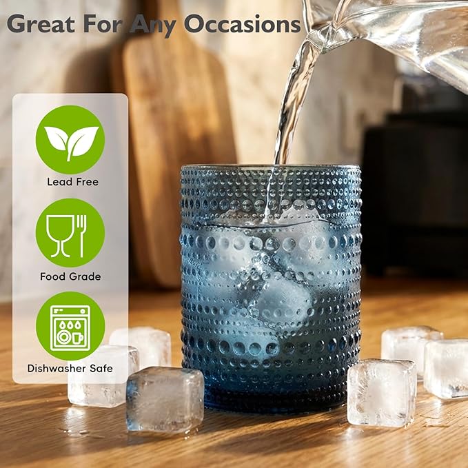 Moretoes Cocktail Glasses 10 oz Hobnail Drinking Glasses Set of 6, Vintage Glassware, Textured Glass Cups Bubble Glasses Water Glasses Old Fashion Jupiter Glasses Set(Blue)