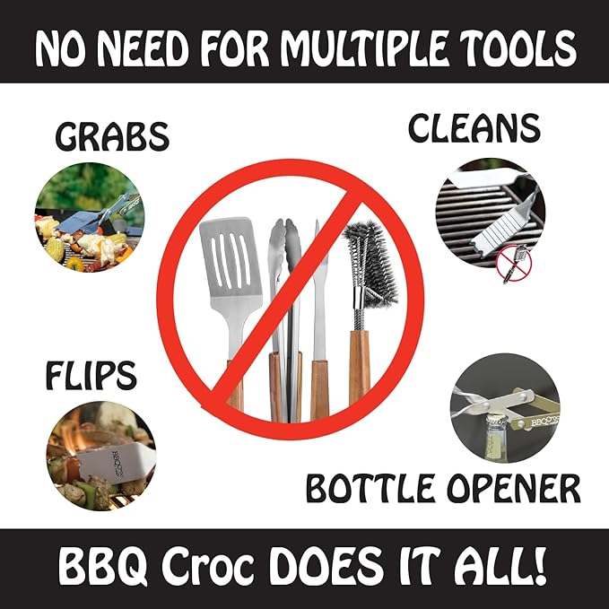 BBQ Croc 3 in 1 Barbecue Tool 15-inch with Flashlight - Extra Light Tongs, Spatula and Grill Scraper (Green)